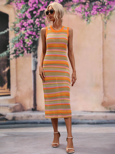 Striped Round Neck Sleeveless Midi Cover Up Dress - SHE BADDY© ONLINE WOMEN FASHION & CLOTHING STORE