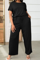 Plus Size Drawstring Waist Short Sleeve Jumpsuit - SHE BADDY© ONLINE WOMEN FASHION & CLOTHING STORE