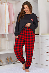 Plus Size Heart Graphic Top and Plaid Joggers Lounge Set - SHE BADDY© ONLINE WOMEN FASHION & CLOTHING STORE