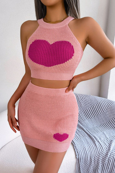 Heart Contrast Ribbed Sleeveless Knit Top and Skirt Set - SHE BADDY© ONLINE WOMEN FASHION & CLOTHING STORE