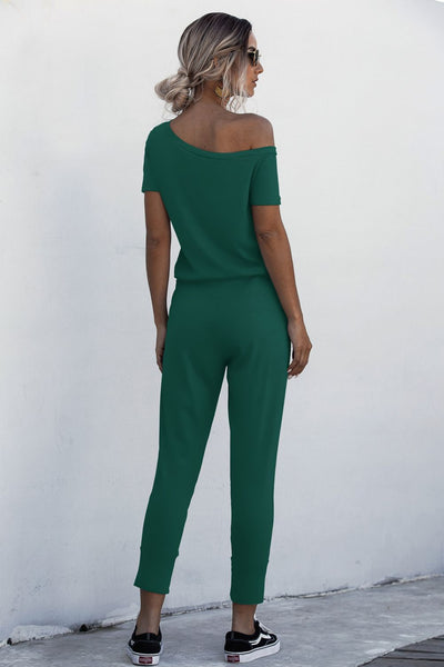 Asymmetrical Neck Tied Jumpsuit with Pockets - SHE BADDY© ONLINE WOMEN FASHION & CLOTHING STORE