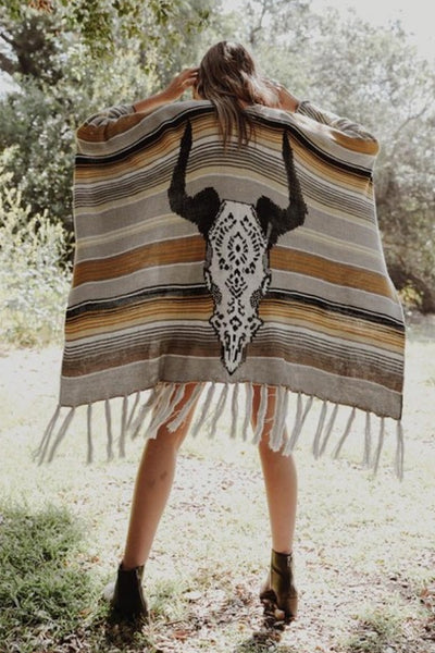 Leto Desert Wanderer Cow Skull Striped Poncho - SHE BADDY© ONLINE WOMEN FASHION & CLOTHING STORE