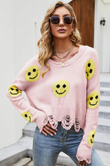 Smiley Face Distressed Round Neck Sweater - SHE BADDY© ONLINE WOMEN FASHION & CLOTHING STORE