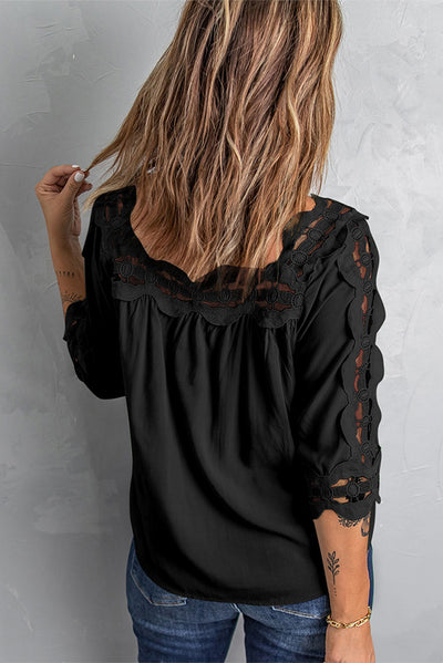 Crochet Openwork Three-Quarter Sleeve Blouse - SHE BADDY© ONLINE WOMEN FASHION & CLOTHING STORE