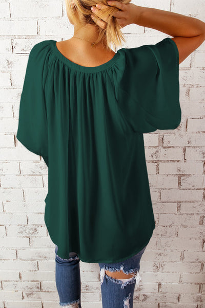 Gathered Detail Notched Neck Flutter Sleeve Top - SHE BADDY© ONLINE WOMEN FASHION & CLOTHING STORE