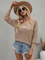 Notched Side Slit Drop Shoulder Sweater - SHE BADDY© ONLINE WOMEN FASHION & CLOTHING STORE