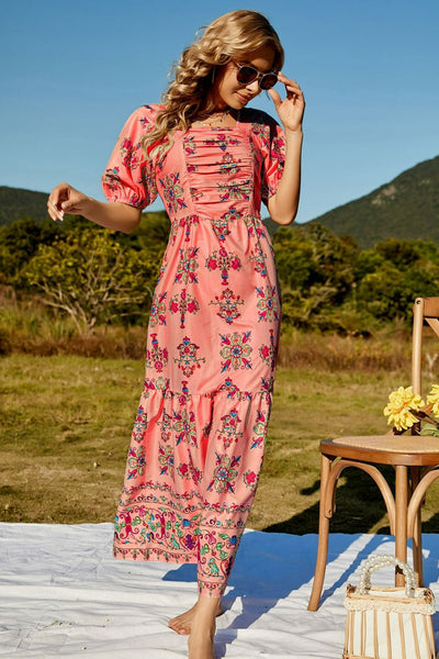 Floral Ruched Puff Sleeve Tiered Maxi Dress - SHE BADDY© ONLINE WOMEN FASHION & CLOTHING STORE