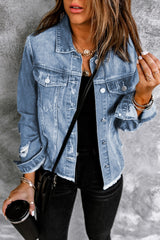 Distressed Raw Hem Denim Jacket - SHE BADDY© ONLINE WOMEN FASHION & CLOTHING STORE