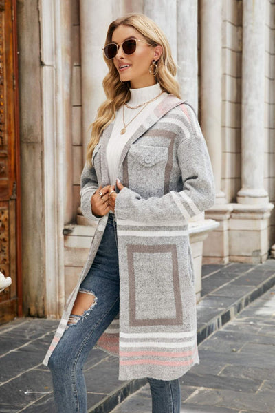 Printed Open Front Hooded Longline Cardigan - SHE BADDY© ONLINE WOMEN FASHION & CLOTHING STORE