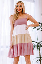 Color Block Tie Shoulder Tiered Dress - SHE BADDY© ONLINE WOMEN FASHION & CLOTHING STORE