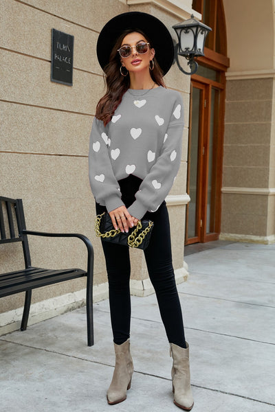 Heart Pattern Lantern Sleeve Round Neck Tunic Sweater - SHE BADDY© ONLINE WOMEN FASHION & CLOTHING STORE