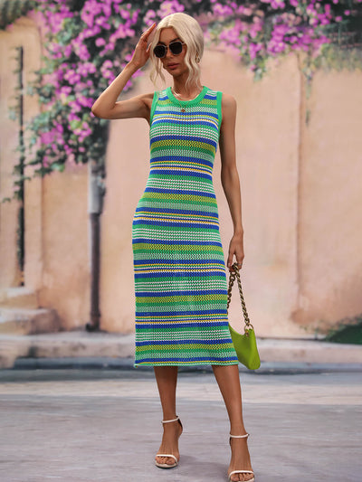 Striped Round Neck Sleeveless Midi Cover Up Dress - SHE BADDY© ONLINE WOMEN FASHION & CLOTHING STORE