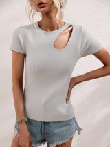 Cutout Round Neck Short Sleeve Knit Top - SHE BADDY© ONLINE WOMEN FASHION & CLOTHING STORE