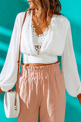 Tied Balloon Sleeve Cropped Blouse - SHE BADDY© ONLINE WOMEN FASHION & CLOTHING STORE