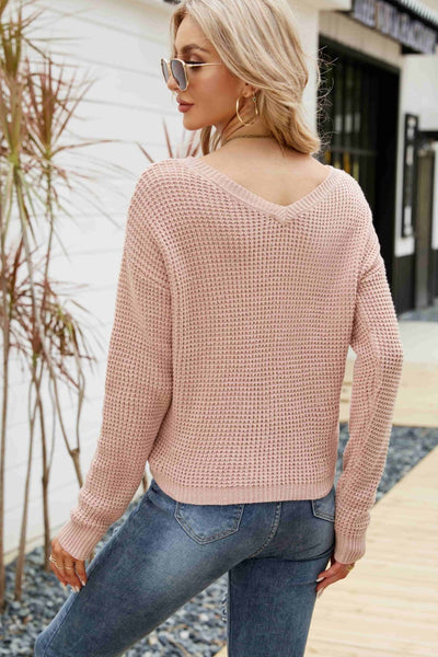 Waffle-Knit Drawstring Detail V-Neck Sweater - SHE BADDY© ONLINE WOMEN FASHION & CLOTHING STORE