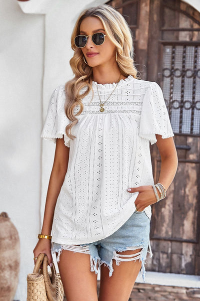 Frill Trim Round Neck Eyelet Puff Sleeve Blouse - SHE BADDY© ONLINE WOMEN FASHION & CLOTHING STORE