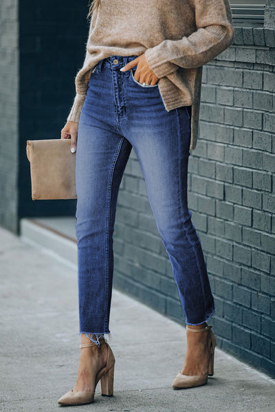 High Waist Raw Hem Skinny Jeans - SHE BADDY© ONLINE WOMEN FASHION & CLOTHING STORE