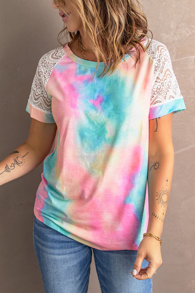 Tie-Dye Spliced Lace Raglan Sleeve Tee - SHE BADDY© ONLINE WOMEN FASHION & CLOTHING STORE