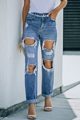 Distressed Frayed Trim Straight Leg Jeans - SHE BADDY© ONLINE WOMEN FASHION & CLOTHING STORE