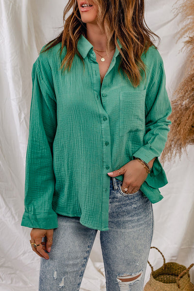 Textured Button Down Shirt with Pocket - SHE BADDY© ONLINE WOMEN FASHION & CLOTHING STORE