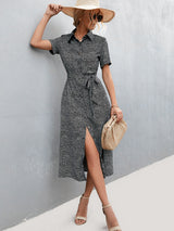 Printed Tie Waist Short Sleeve Shirt Dress - SHE BADDY© ONLINE WOMEN FASHION & CLOTHING STORE