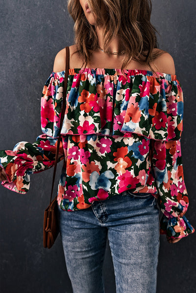 Floral Off-Shoulder Flounce Sleeve Layered Blouse - SHE BADDY© ONLINE WOMEN FASHION & CLOTHING STORE