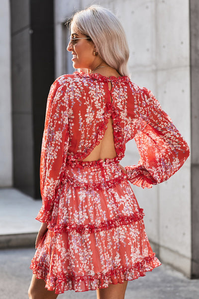 Floral Frill Trim Plunge Flounce Sleeve Dress - SHE BADDY© ONLINE WOMEN FASHION & CLOTHING STORE