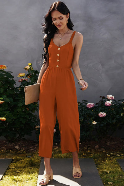 Decorative Button Wide Leg Cropped Jumpsuit - SHE BADDY© ONLINE WOMEN FASHION & CLOTHING STORE