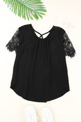 Strappy Neck Spliced Lace Eyelash Trim Blouse - SHE BADDY© ONLINE WOMEN FASHION & CLOTHING STORE