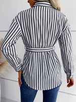 Striped Curved Hem Belted Shirt - SHE BADDY© ONLINE WOMEN FASHION & CLOTHING STORE