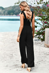 Frill Trim Tie Shoulder Wide Leg Jumpsuit with Pockets - SHE BADDY© ONLINE WOMEN FASHION & CLOTHING STORE