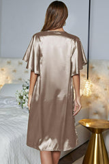Satin Flutter Sleeve Side Slit V-Neck Night Dress - SHE BADDY© ONLINE WOMEN FASHION & CLOTHING STORE