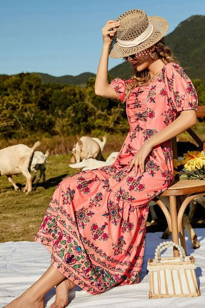 Floral Ruched Puff Sleeve Tiered Maxi Dress - SHE BADDY© ONLINE WOMEN FASHION & CLOTHING STORE