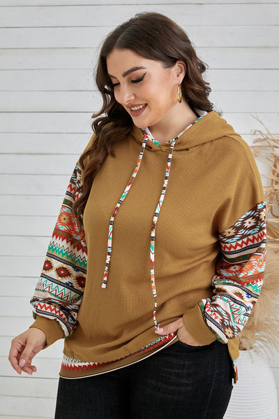 Plus Size Printed Side Slit Waffle-Knit Hoodie - SHE BADDY© ONLINE WOMEN FASHION & CLOTHING STORE