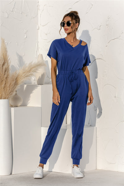 Cut Out V-neck Drawstring Jumpsuit - SHE BADDY© ONLINE WOMEN FASHION & CLOTHING STORE