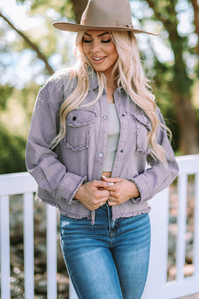 Frayed Trim Snap Down Denim Jacket - SHE BADDY© ONLINE WOMEN FASHION & CLOTHING STORE