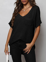 V-Neck Slit High-Low Knit Top - SHE BADDY© ONLINE WOMEN FASHION & CLOTHING STORE