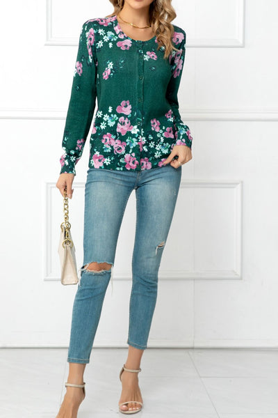 Floral Button Front Round Neck Cardigan - SHE BADDY© ONLINE WOMEN FASHION & CLOTHING STORE