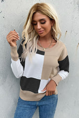 Color Block Ribbed Trim Round Neck Knit Pullover - SHE BADDY© ONLINE WOMEN FASHION & CLOTHING STORE