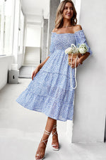 Ditsy Floral Off-Shoulder Smocked Midi Dress - SHE BADDY© ONLINE WOMEN FASHION & CLOTHING STORE