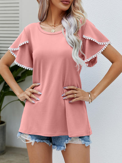 Pom-Pom Trim Flutter Sleeve Round Neck Tee - SHE BADDY© ONLINE WOMEN FASHION & CLOTHING STORE