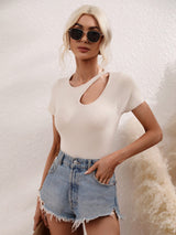 Cutout Round Neck Short Sleeve Knit Top - SHE BADDY© ONLINE WOMEN FASHION & CLOTHING STORE