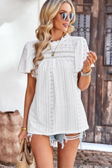 Frill Trim Round Neck Eyelet Puff Sleeve Blouse - SHE BADDY© ONLINE WOMEN FASHION & CLOTHING STORE