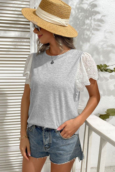 Two-Tone Eyelet Flutter Sleeve Spliced Top - SHE BADDY© ONLINE WOMEN FASHION & CLOTHING STORE