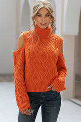 Cold Shoulder Textured Turtleneck Sweater - SHE BADDY© ONLINE WOMEN FASHION & CLOTHING STORE