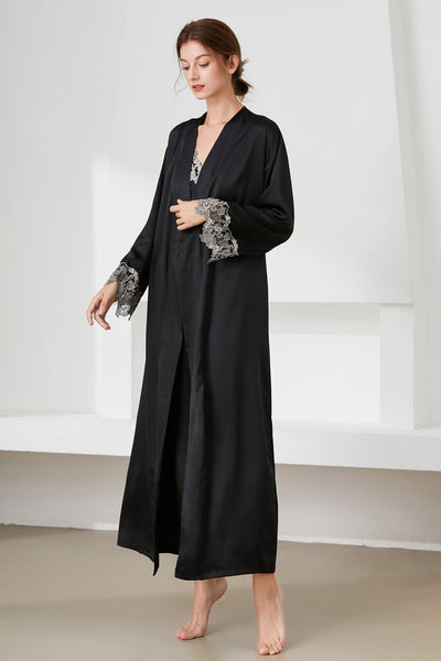 Contrast Lace Trim Satin Night Dress and Robe Set - SHE BADDY© ONLINE WOMEN FASHION & CLOTHING STORE