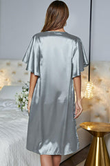 Satin Flutter Sleeve Side Slit V-Neck Night Dress - SHE BADDY© ONLINE WOMEN FASHION & CLOTHING STORE