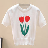 Flower Graphic Ribbed Trim Knit Top - SHE BADDY© ONLINE WOMEN FASHION & CLOTHING STORE