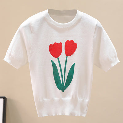 Flower Graphic Ribbed Trim Knit Top - SHE BADDY© ONLINE WOMEN FASHION & CLOTHING STORE