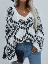 Geometric Print Chunky Knit Sweater - SHE BADDY© ONLINE WOMEN FASHION & CLOTHING STORE